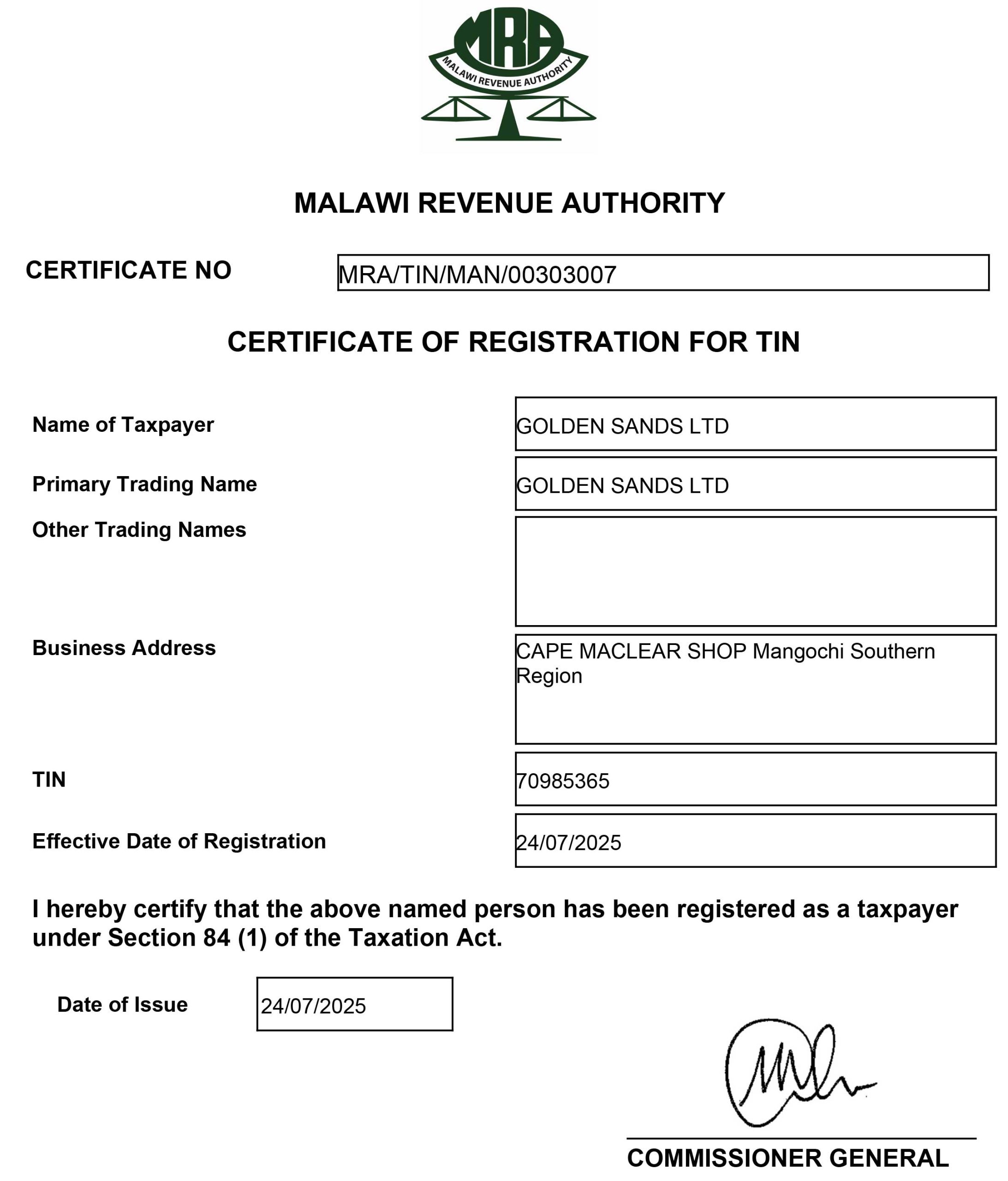Golden-Sands-Limited-Tax-Certificate
